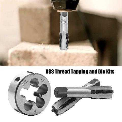 M16x1.5 Metric Tap And Die Set Right Hand Thread, Heavy Duty HSS shown in use on a wooden block