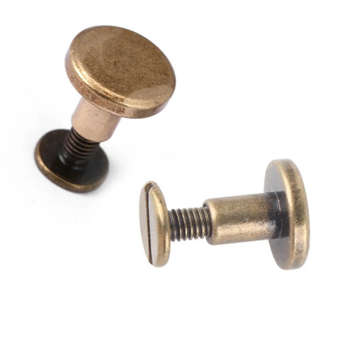 Forty Brass Flat Head Button Studs Feature Screw On Chicago Screws ideal for rugged leather belt bag shoes in 5mm and 8mm sizes.