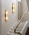 Natural Spanish Alabaster Wall Sconce, 19.7" High Marble Wall Sconces, G9 illuminating modern staircase with gold accents.