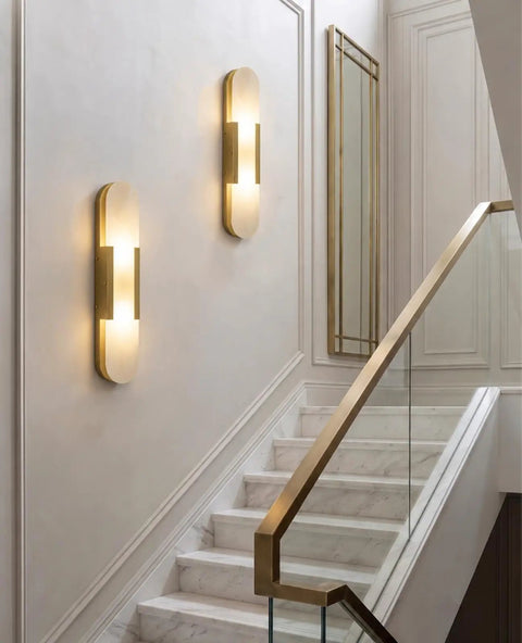 Natural Spanish Alabaster Wall Sconce, 19.7" High Marble Wall Sconces, G9 illuminating modern staircase with gold accents.