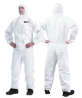 Front and back view of Disposable Hazmat Coverall For Full Body Protection Painter Suit White Heavy Duty Work Gear, hooded design.