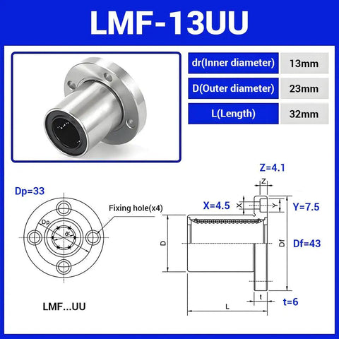 Buttery Smooth LMF13UU Round Flange Linear Ball Bearings with 13mm bore and 23mm outer diameter, 32mm long for CNC and 3D printers.