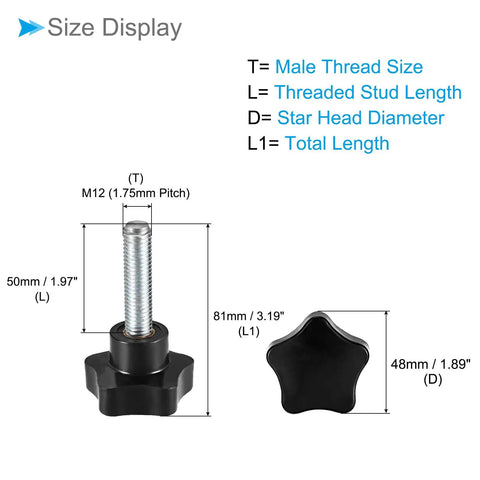 Star Clamping Knobs M12 X 50mm With 48mm Heads For Lathe Machinery Black 4 Piece Thumb Screw Hand Knobs size diagram