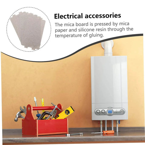 7 Piece Microwave Waveguide Mica Sheet Insulation Kit beside a tool box and water heater.