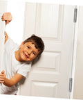 Door hinge, stainless steel, on white interior door; child peeking through doorway.