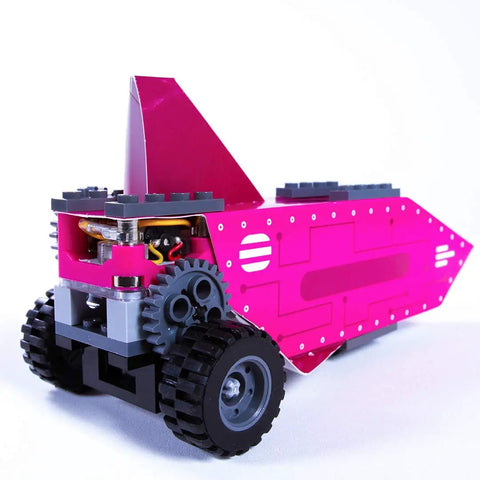 Gears Go Multi Vehicle Mobility Launch Kit For STEM Lovers toy rig with pink brick overlay and wheels, 65 parts view