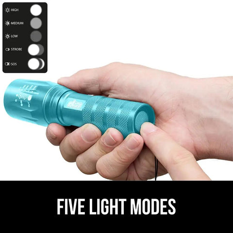 Ultra Bright LED Tactical Flashlight With Zoom, Five Modes, Water Resistant, Compact Mini Light being held in hand, turquoise