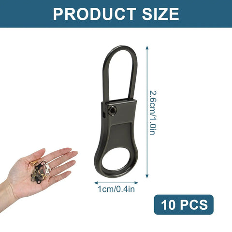 10 Piece Zipper Pull Tab Replacement Kit With Detachable Metal Pulls, shown with size dimensions and multiple color options in hand