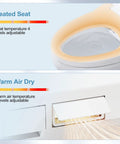 Premium Elongated Electric Bidet Toilet Seat showcases heated seat and warm air dryer features with adjustable settings.