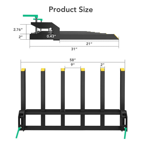 Heavy Duty Clamp On Debris Forks For 60 Inch Buckets, 4000 Lb Capacity Pallet Fork Attachments size diagram