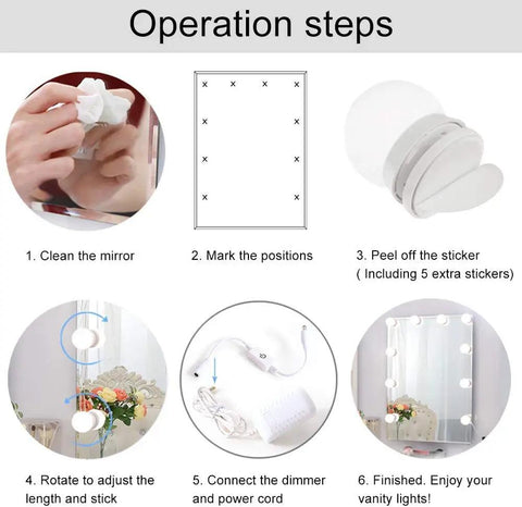 Step-by-step guide for installing Hollywood Style LED Vanity Lights For Mirror With Dimmer And 12V Adapter Stick On Makeup Vanity Lighting Kit