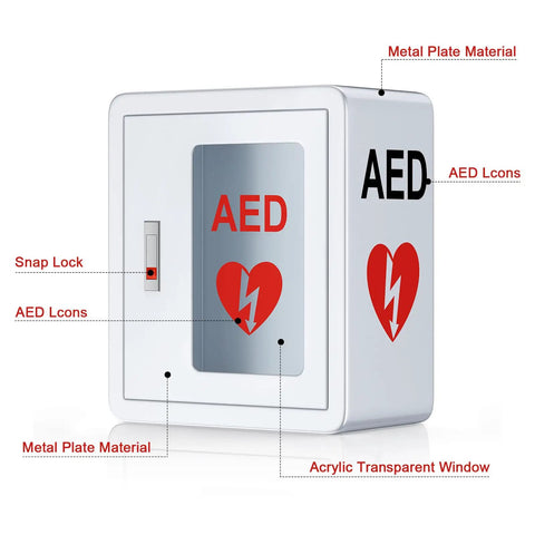 Rock Solid Steel Wall Mount AED Cabinet With No Fuss Snap Lock Door And Clear Acrylic Panel, shown from the front.