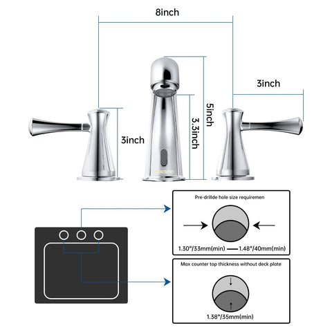 Dimensions and mounting requirements for Touchless Bathroom Faucet For Three Hole Mount With Three Handles, Temperature Control