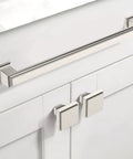 Kickstart Your Reno With This Top Shelf Set Of Ten 6.3 Inch Brushed Satin Nickel Cabinet Handles For Kitchen Drawers, close-up view on a white cabinet.