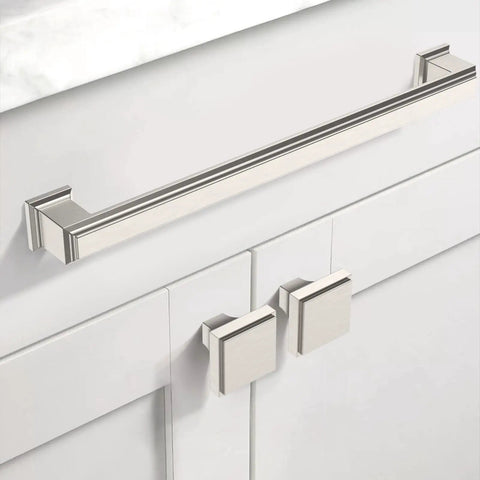 Kickstart Your Reno With This Top Shelf Set Of Ten 6.3 Inch Brushed Satin Nickel Cabinet Handles For Kitchen Drawers, close-up view on a white cabinet.
