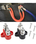 Heavy Duty 2 Pack Battery Junction Block With Insulated Power And Ground Posts M8 Dual Studs For Your Truck Whip Or Boat Deck Knockout Nylon Terminal Bus Bar Setup, showing red and black blocks.