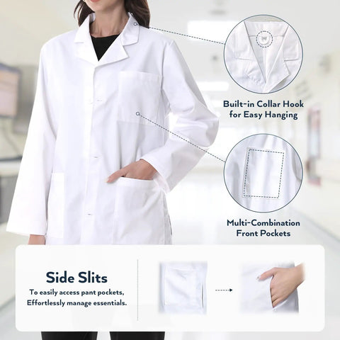 Women's White Lab Coat With Long Sleeves Pro Grade Medical Uniform Featuring Three Pockets Breathable Cotton Poly Blend