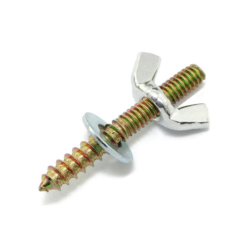 Straight-Up Hardcore Hanger Bolts 1/4-20 X 2 Inch With Wing Nuts Galvanized Dowel Screws close-up on metallic screws and washers.