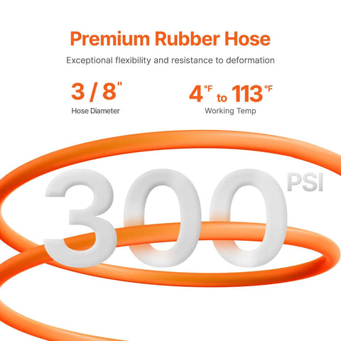 Retractable Air Hose Reel With 100 Foot Rubber Hose Three Eighths Inch 300 Psi Max Auto Rewind Hose Flexibility and Temperature Range
