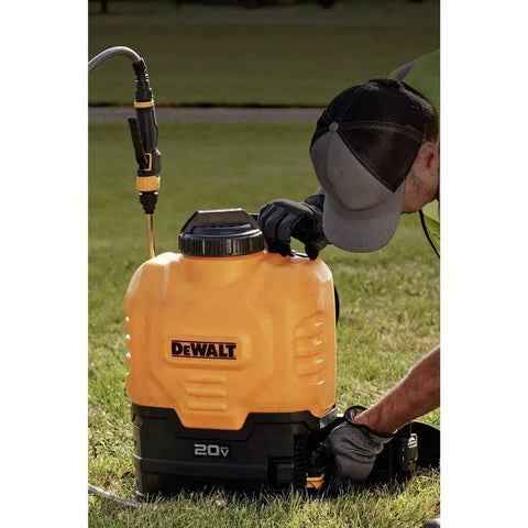 20V Lithium-Ion Battery Powered Backpack Sprayer Tool Only 4 Gallon Tank Workhorse For Pros in use by a person in a garden.