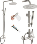 Outdoor Shower Fixture Set In Brushed Nickel With 8 Inch Rainfall Head, 2 In 1 Handheld Spray, Wall Mount Adjustable Slide Bar