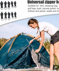12 Piece Universal Zipper Repair Kit With Stainless Steel Sliders And Pullers For Jackets Bags Backpacks And Outdoor Gear Durable Quick Install Zipper Fasteners In Black. Woman in shorts adjusting a tent zipper outdoors.
