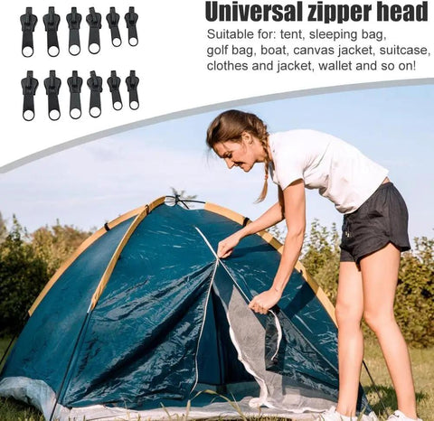 12 Piece Universal Zipper Repair Kit With Stainless Steel Sliders And Pullers For Jackets Bags Backpacks And Outdoor Gear Durable Quick Install Zipper Fasteners In Black. Woman in shorts adjusting a tent zipper outdoors.