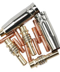 Premium 15AK TIG Welding Nozzle And Collet Set For MIG Torch With High Conductivity Copper Tips, 0.8mm And 1.0mm Sizes, parts showing copper tips and collets.