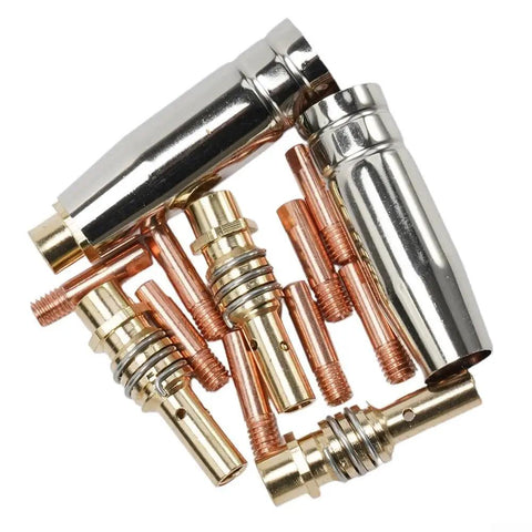 Premium 15AK TIG Welding Nozzle And Collet Set For MIG Torch With High Conductivity Copper Tips, 0.8mm And 1.0mm Sizes, parts showing copper tips and collets.