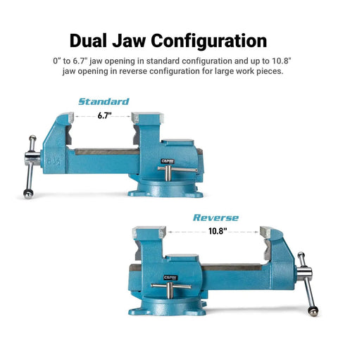 Heavy Duty Reversible Bench Vise With Dual Jaw Configurations 6.5 Inch Jaw Width And 6.7 To 10.8 Inch Jaw Opening in standard and reverse views