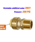 Side view of 1/2 Inch Push To Connect PEX Fittings Straight Coupling in brass, showing 200°F and 200 PSI capacity text.
