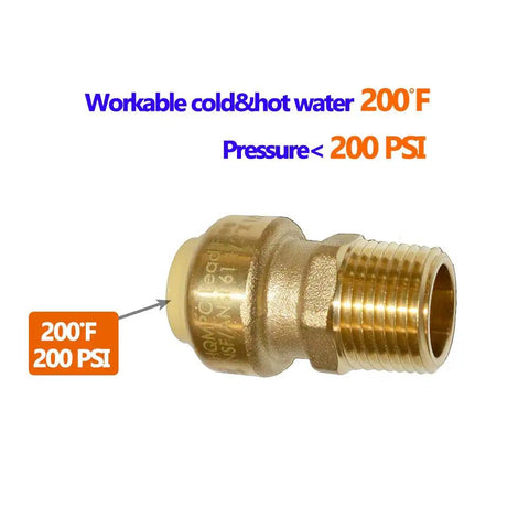 Side view of 1/2 Inch Push To Connect PEX Fittings Straight Coupling in brass, showing 200°F and 200 PSI capacity text.