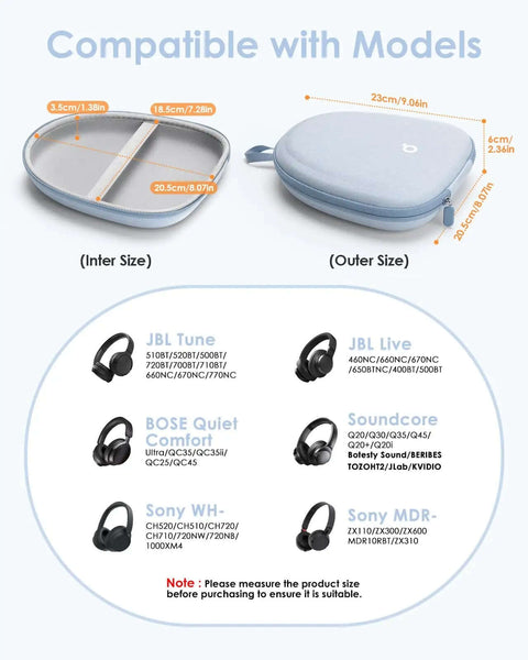 Top Tier Hard Shell Protective Carrying Case For Over Ear Headphones with blue inner dimensions for various headphone models.