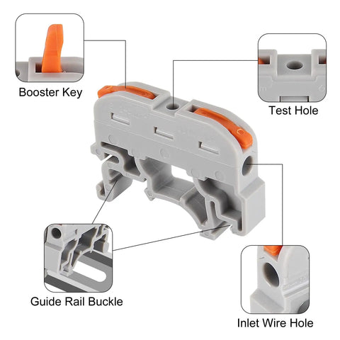 20-Piece DIN Rail Terminal Blocks for Electrical Control Panels showing booster key, test hole, guide rail buckle, inlet wire hole