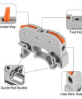 30Pcs DIN Rail Terminal Blocks For Electrical Control Panels Pro Grade Compact Design Supports Solid Stranded And Flexible Wires 0.2-4.0mm2 28-12 AWG With 4KV High Voltage Resistance Flame Retardant PC Material And Safe Independent Wire Connections Grey showing booster key, test hole, guide rail buckle, and inlet wire hole.