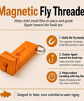 Two Pack Magnetic Fly Threader And Knot Tying Tool With Keychain In Orange, Grab And Go Fishing Gear For Quick Threading And Easy Secure Knots, Great Spare Set For You And Your Buds On The Water. Orange magnetic fly threader with keyring for holding flies and guiding tippet.