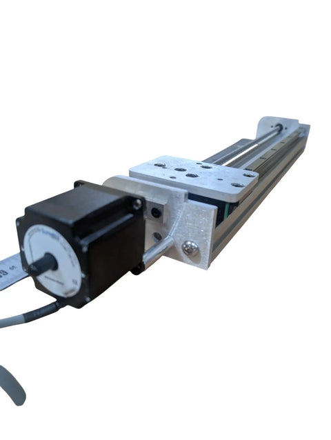 Beefy Industrial Grade Precision Linear Motion System With 8020 Aluminum Gantry Module And Acme Screw Stage Actuator NEMA 23 Stepper Motor For CNC And Pick And Place Heavy Duty Made In USA, 8020 aluminum rail and motor close-up