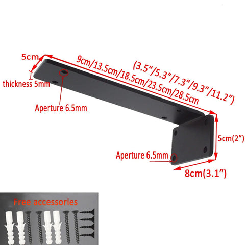Floating Shelf Bracket Two Pack Heavy Duty Black Steel Hidden Support showcasing dimensions and included accessories.