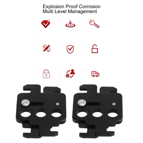 Rock Solid Two Piece Steel Circuit Breaker Lockout Kit With Heavy Duty Lockout Tagout Padlock For Switch Panels, two black steel lockout pieces.