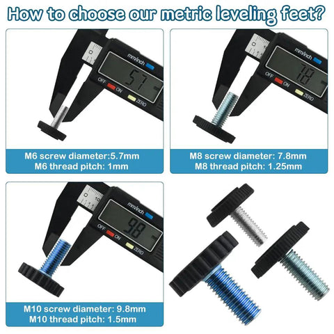 Metric leveling feet size comparison with M6, M8, M10 screw diameters and thread pitches for furniture leveling.