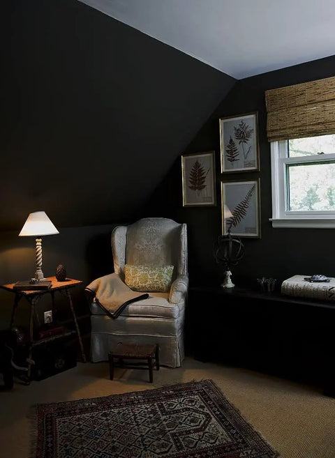 Room with Ultra Slick Black Peel And Stick Wallpaper Self Adhesive Vinyl on walls, chair, and window, 78.7x17.7 inches roll