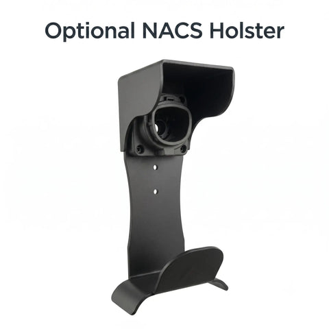 Optional NACS Holster for Commercial Grade Dual Port Electric Charger Pedestal, heavy duty black aluminum mount.