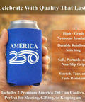 Hand holding a can in America 250th Celebration Beverage Cooler Set Of 2 Navy Insulated Drinkware For Parties And Tailgates Premium Neoprene Keeps Drinks Cold Longer Perfect For Fourth Of July Festivities.
