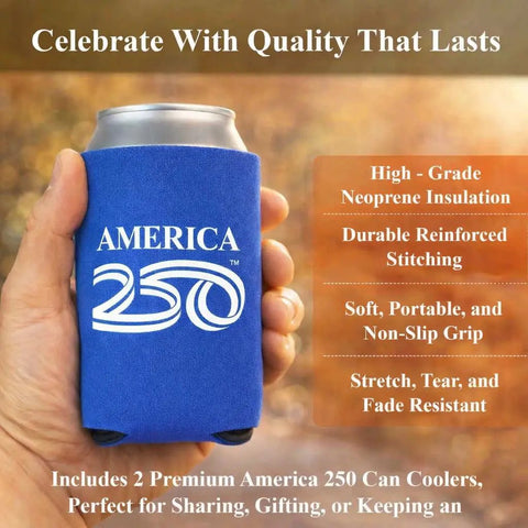 Hand holding a can in America 250th Celebration Beverage Cooler Set Of 2 Navy Insulated Drinkware For Parties And Tailgates Premium Neoprene Keeps Drinks Cold Longer Perfect For Fourth Of July Festivities.