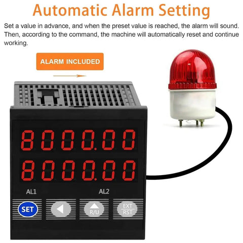 Slick Digital Length Meter Counter With Dual Relay Output For Cable Wire Rope And Fabric Tracking Dead On Precision Heavy Duty Rolling Wheel Measuring Tool 0 To 999999 Range with alarm indicator and digital display.