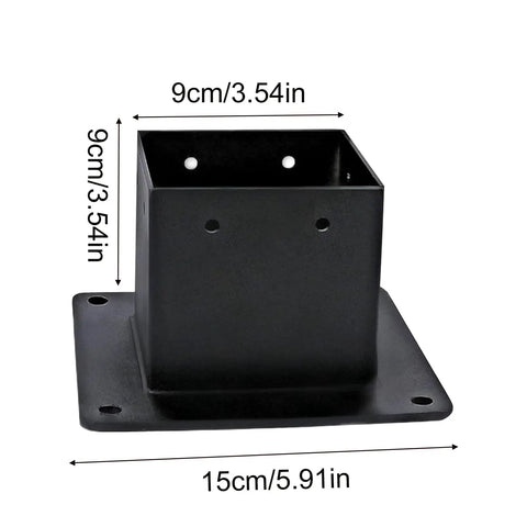 Easy Install 4x4 Post Base With 3.3x3.5 Inch Inner Size for Pergolas Fences Patios Porches Backyards Gazebos And Sheds Heavy Duty Outdoor Post Support Stand With Preinstalled Fasteners For Quick No Tools Needed Setup, dimensions labeled in centimeters and inches.