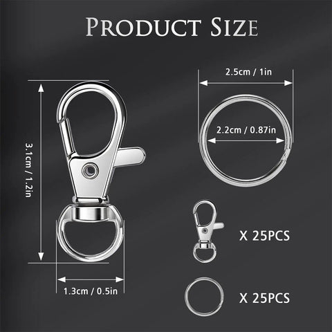 50 Piece Keychain Making Kit With Lobster Claw Clasps And Key Rings For DIY Keychains Jewelry And Lanyards, size details shown