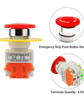 Two 22mm emergency stop push button switches with red mushroom caps, yellow mounting rings, and orange terminal blocks.