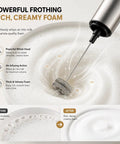 Rechargeable Milk Frother On The Go 2 Speed Portable Travel Frother Electric Milk Foamer in action on creamy foam with whisk