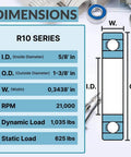 Dimensions chart for R10 ZZ Sealed Ball Bearing 5/8 Inch By 1-3/8 Inch By 0.3438 Inch Lubricated Chrome Steel With Metal Shield